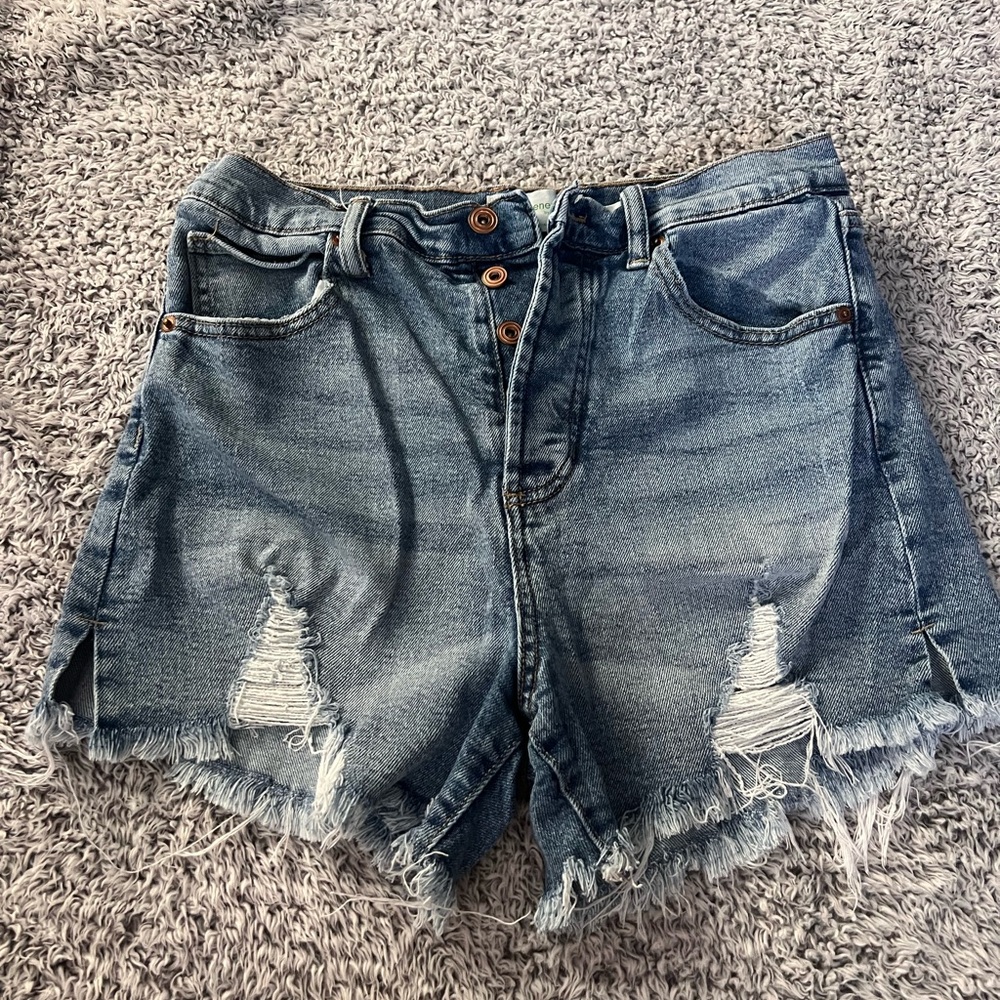 High-Rise Distressed Denim Shorts - Blue